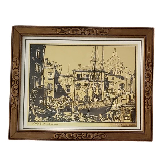LIONEL BARRYMORE Little Boatyard Venice Gold Foil 8x10 Wood Frame Matted - Picture 1 of 9